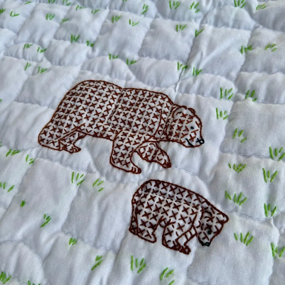 NEW Handmade/Quilted/Embroidered Bear Reversible Floor Blanket/Wall Hanging35x35